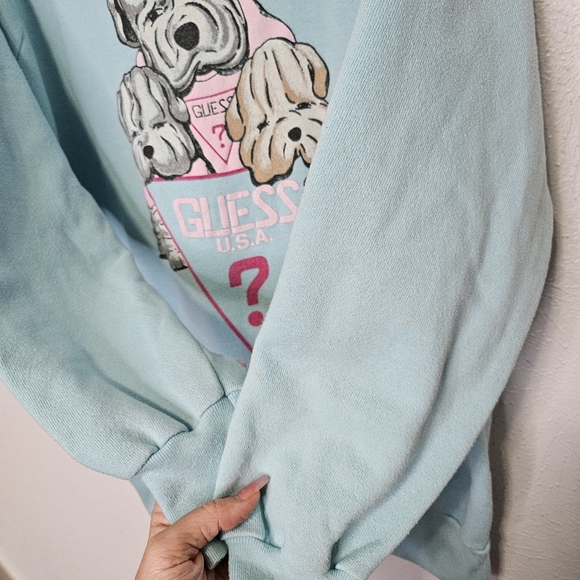 Vintage Guess USA Puppy Crewneck Sweatshirt Blue Pink 80's Women's Size Small - Picture 12 of 12